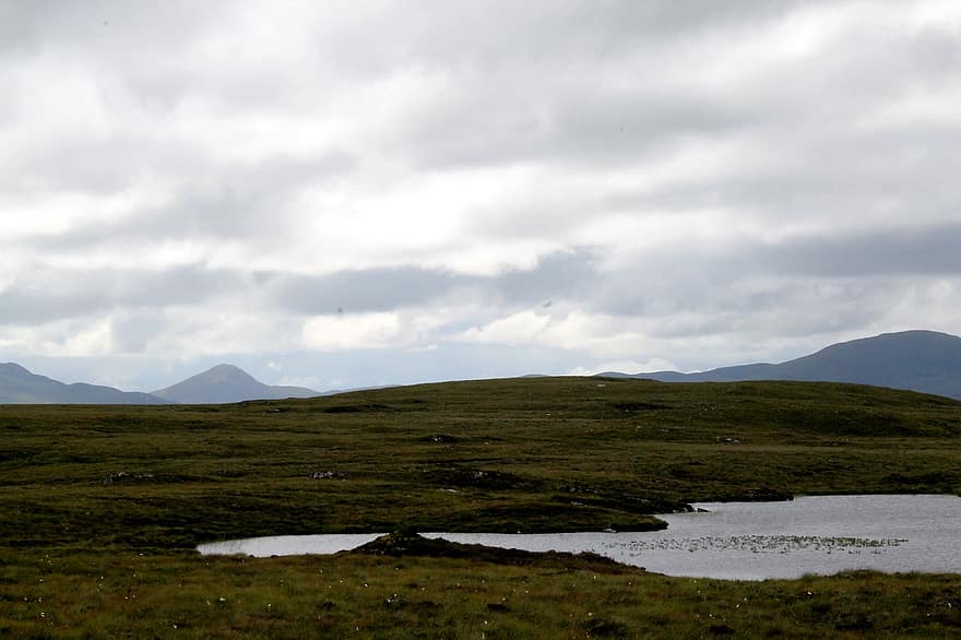 Munte, camp, lac, apă, luncă, vârf, de munte, natură, cer, nori, Orkney
