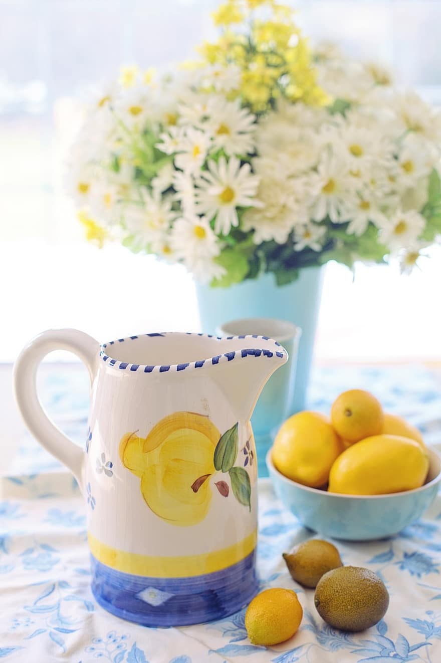 Lemons, Pitcher, Still Life, Fruits, Food, Drink, Beverage, Jug, Light And Airy, Yellow, Healthy