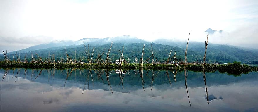 водно езеро, Rawapening, езерце, планини, природа, пейзаж, дървета