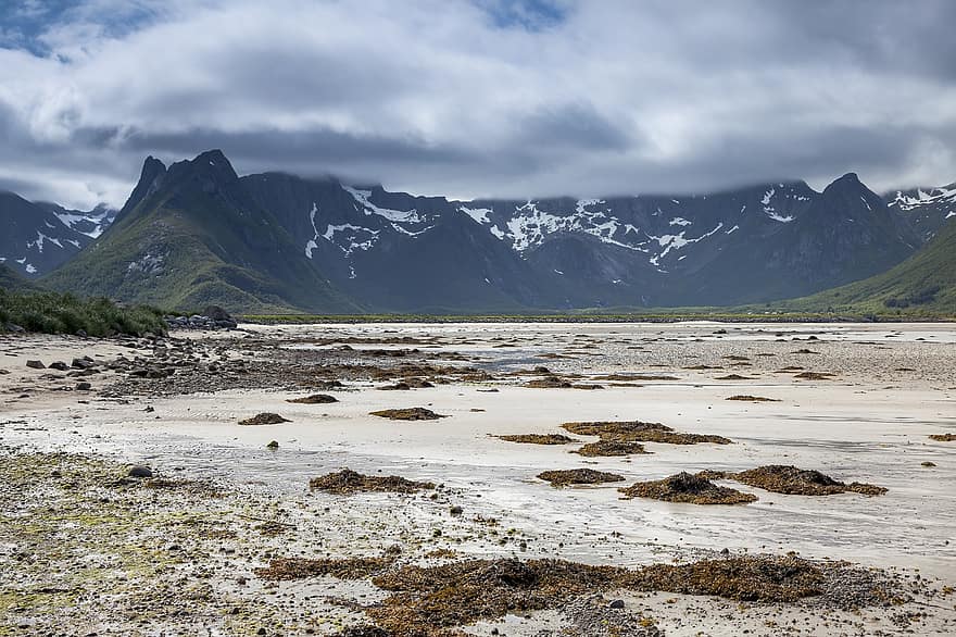 papludimys, smėlis, pajūrio, apgaubti, kalnai, Norvegijoje