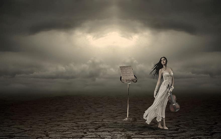 fantázia, nő, hegedű, fény, felhők, háttér, menny, zenész, magányos, szomorú, ruha