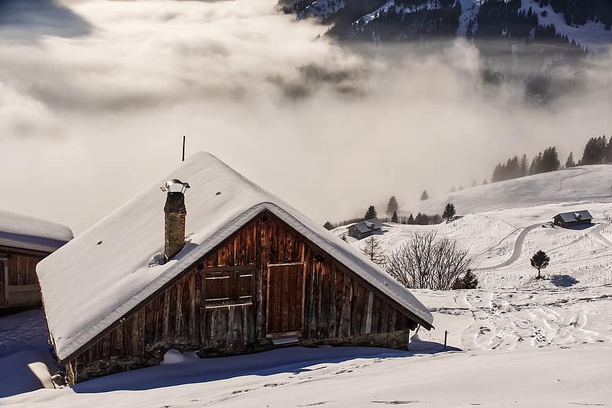 雪、家、斜面、霧、霧の、もや、ミスト、コテージ、キャビン、小屋、山小屋