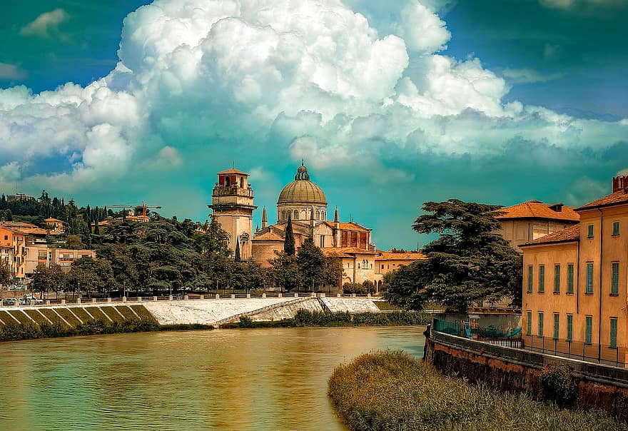 prédios, castelo, rio, ponto de referência, cidade, arquitetura, histórico, turismo, viagem, Europa, Itália