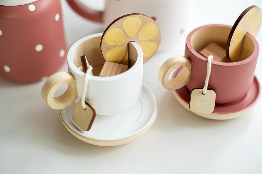 tazze da tè, tè, giocattoli, Tazze da tè in legno, bustine di te, tazze, limoni, Stoviglie in legno, vasellame, legna, caffè