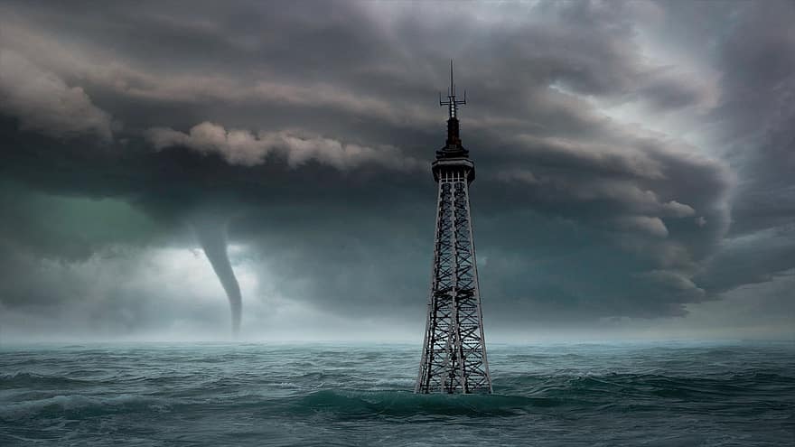 Torre, mare, tornado, oceano, tempo metereologico, nuvole, tempesta, tuono, riscaldamento, distruzione, modificare