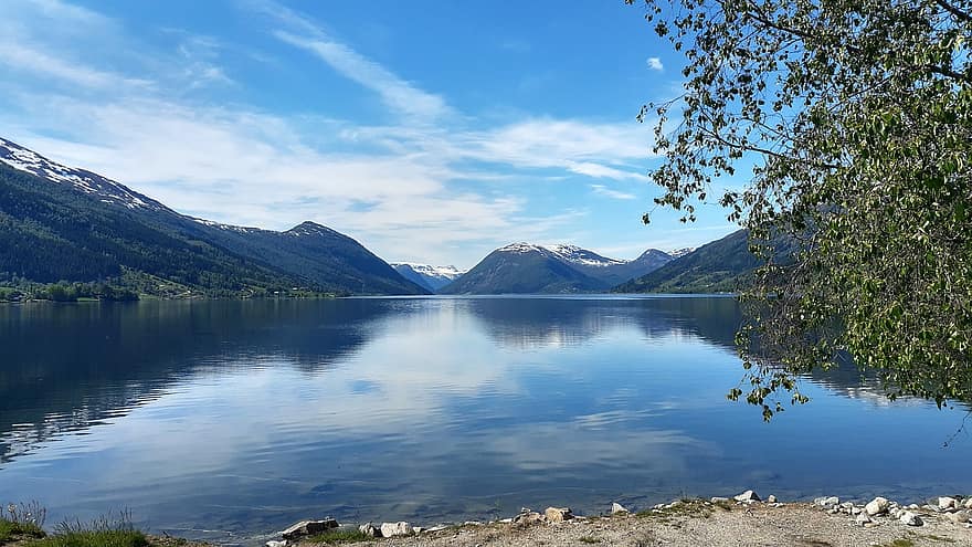fjordu, kalns, spogulis, -. \ t, jūra, Norvēģija
