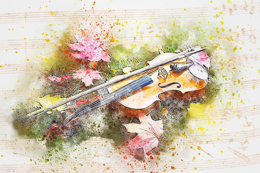 скрипка, музики, листя, емоції, акварель, Вінтаж, природи, барвисті, художній, дизайн, бризки фарби