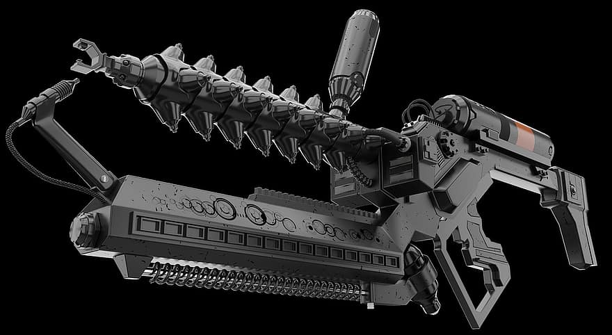 Buitenaards wapen, Wijk 9, boog pistool, geweer, klip in een rivierbedding, fantasie, technologie, fictie, oorlog, zwart, leger