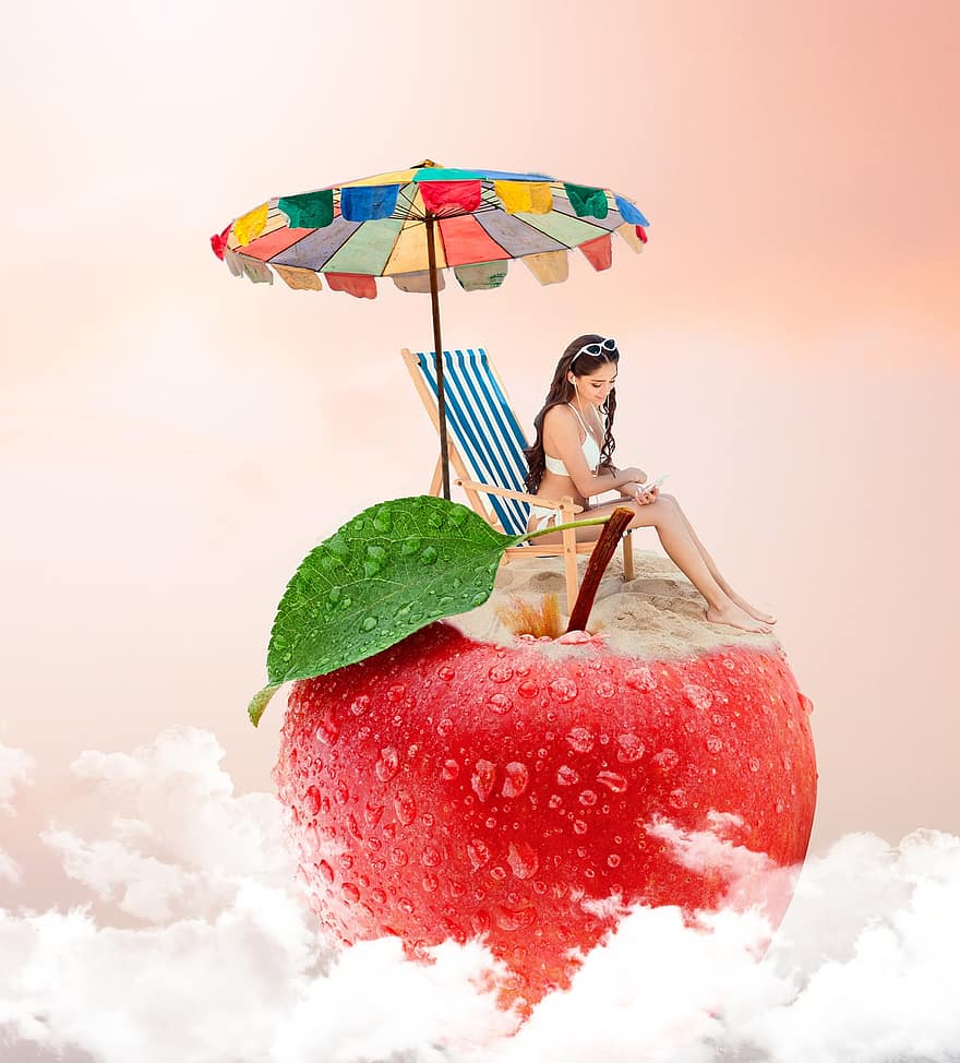Vrouw op appel, appel, zomer, strand, lezen, ligstoel, wolken, samenstelling, hemel, sjabloon, webpagina