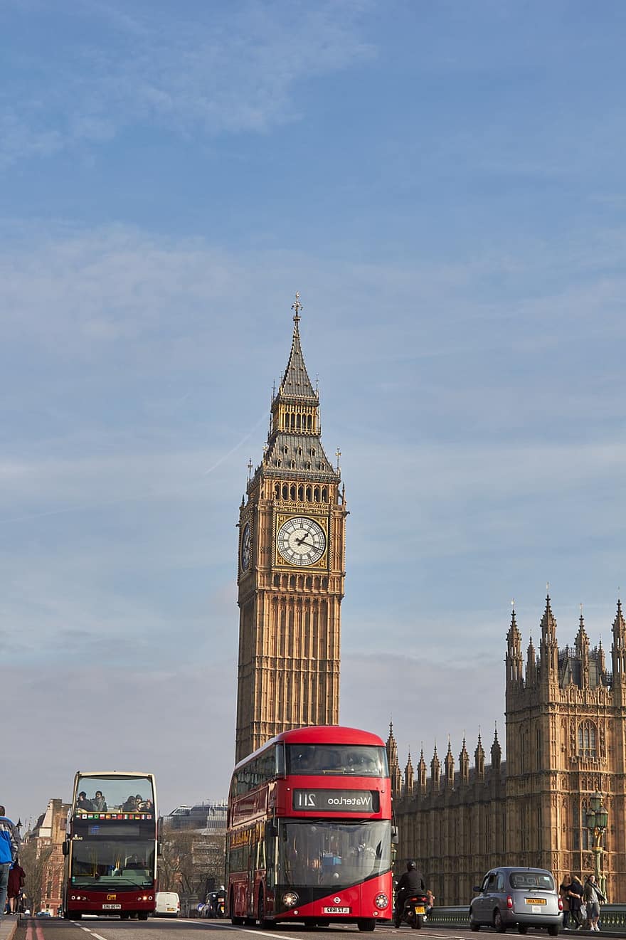big ben, edifici, arquitectura, Torre del Rellotge, rellotge, referència, façana, autobús de dos pisos, atracció turística, destinació turística, Londres