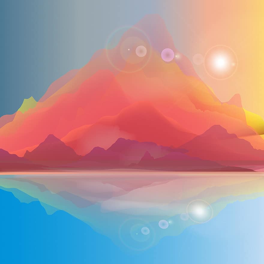 Sunrise Mountain, Lake, Sunrise, Landscape, Mountains, Nature, Sky, Reflection, Morning, Watercolor, Trees
