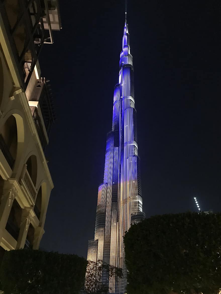 budynek, architektura, podróżować, turystyka, fasada, miejski, Miasto, Dubai, Burj Khalifa, wieżowiec, noc