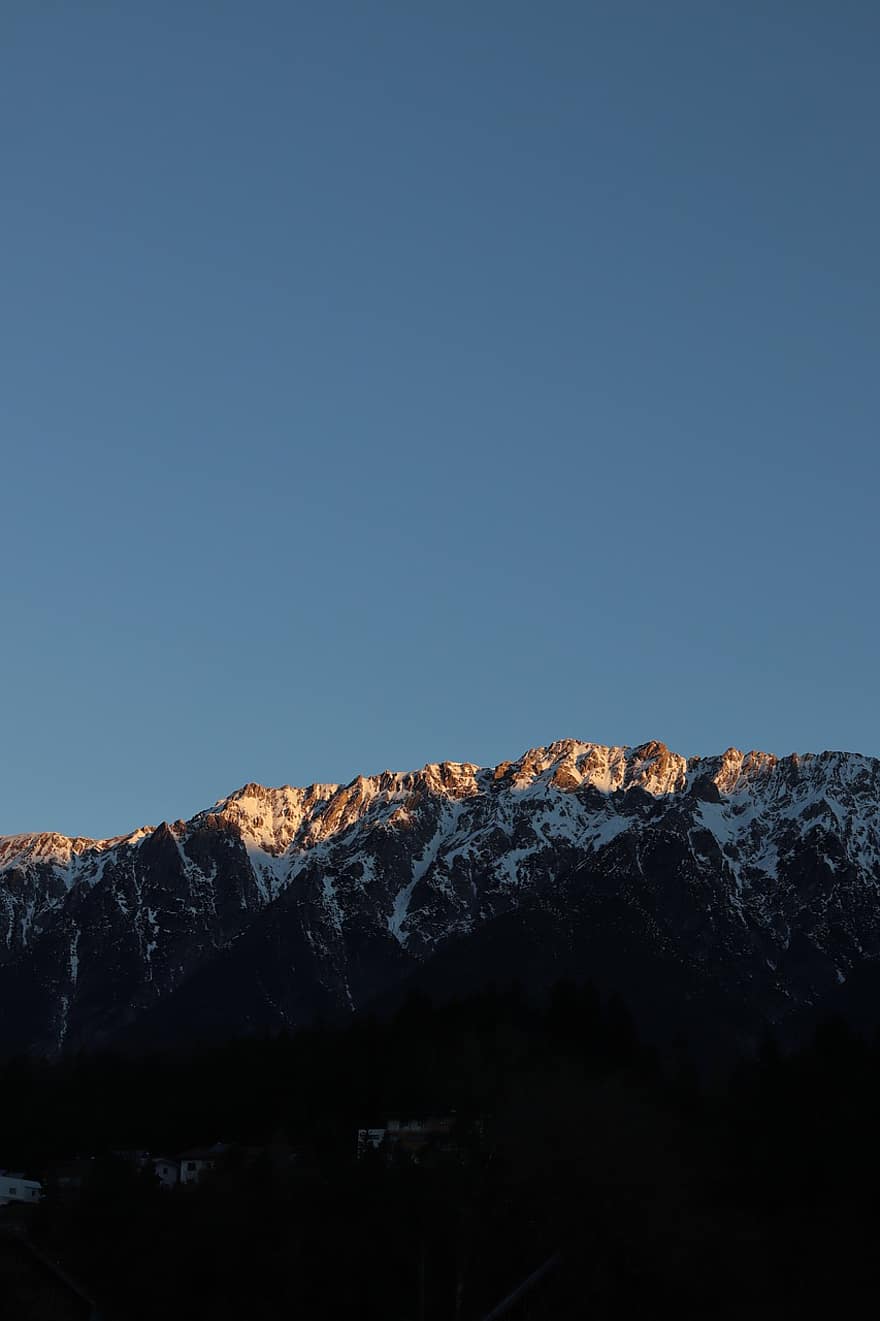 solnedgång, alperna, Tyrolen, österrike, bergen, vinter-, berg, snö, bergstopp, landskap, blå