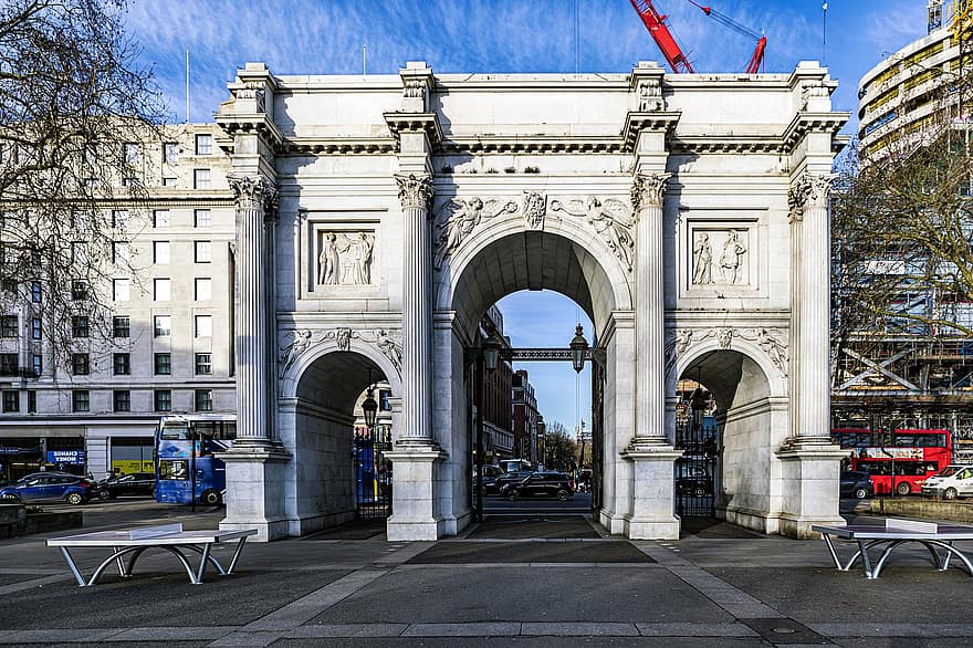 prédios, arco de mármore, porta de entrada, Entrada Estadual, estrada, parque, ponto de referência, tráfego, Londres, Inglaterra, inverno
