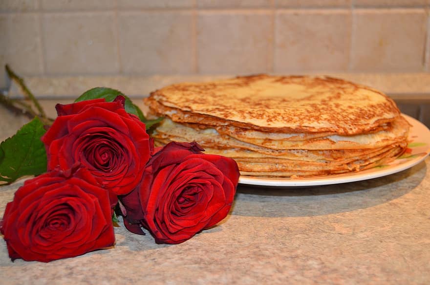 सुबह का नाश्ता, पेनकेक्स, गुलाब के फूल, रसोई