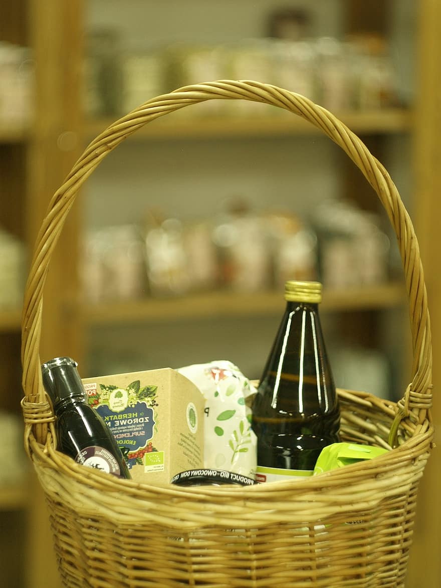 Food, Grocery, Basket, bottle, wine bottle, wicker, drink, indoors, close-up, alcohol, freshness
