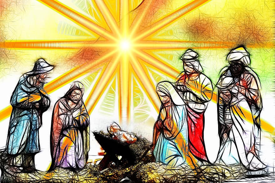 クリスマス、診療所、誕生、キリスト降誕のシーン、ベビーベッド、サンタクロース、星、シャイニング、光線、地獄、ベツレヘム