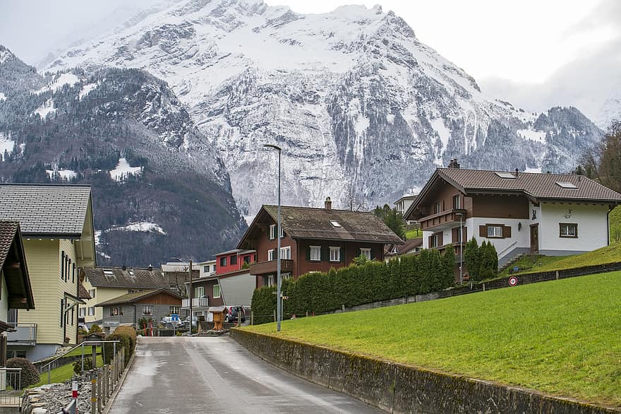 casas, colinas, aldeia, Cidade, Suíça, inverno
