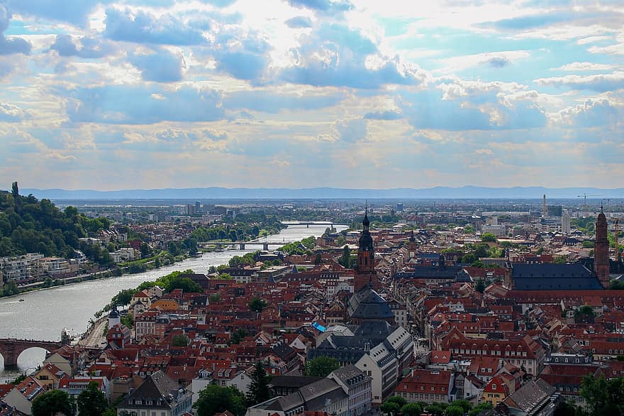 rivier-, gebouwen, stedelijk, stad, daken, antenne, hemel, wolken, Heidelberg