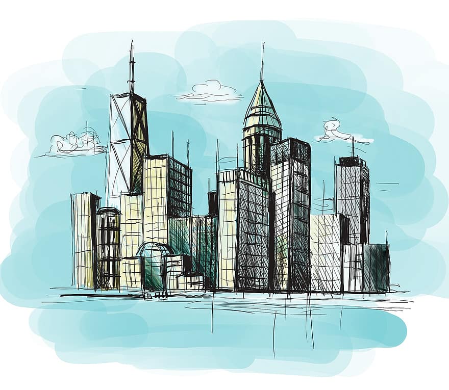 스케치, 시티, 지평선, 건축물, 고층 빌딩, 도시 풍경, 건물들, 현대, 정면, 사업 지구, 상