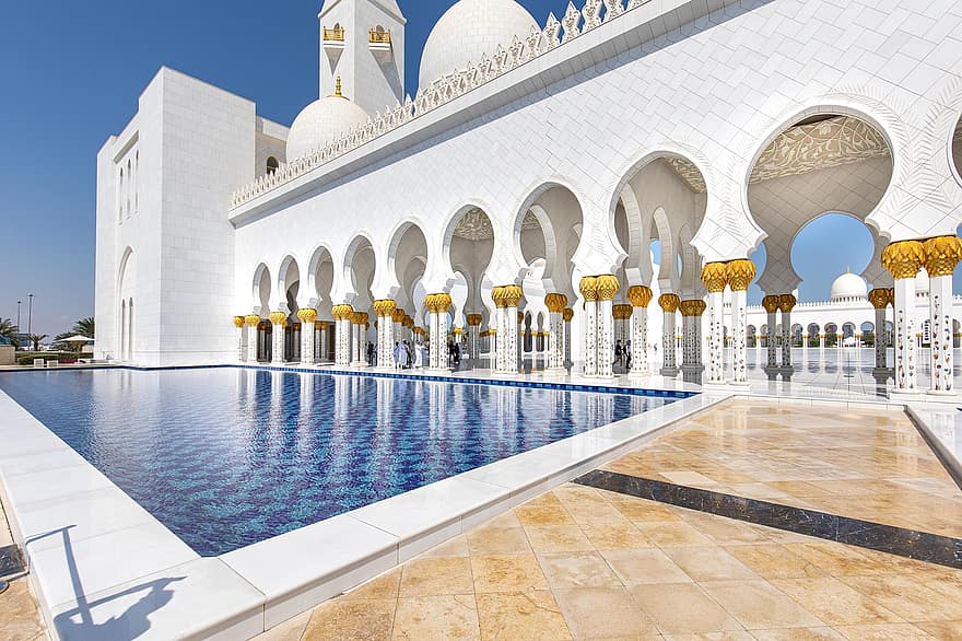 moskeija, Abu Dhabi, uima-allas, arkkitehtuuri, islam, uskonto, kuuluisa paikka, viljelmät, minareetti, ylellisyys, hengellisyys