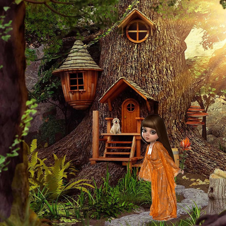 woods, keijukainen, koira, puuhun rakennettu maja, fantasia