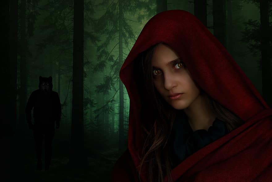 Red Riding Hood, Woman, Girl, Red, Wolf, Man, Fairy Tale, Story, Woods, Forest, Predator