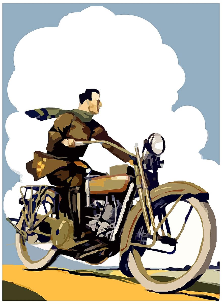 retro, motociklu, ceļš, plakāts, dekorācijas, biker, piecdesmitie gadi, vintage, ainavu, raksturs, debesis
