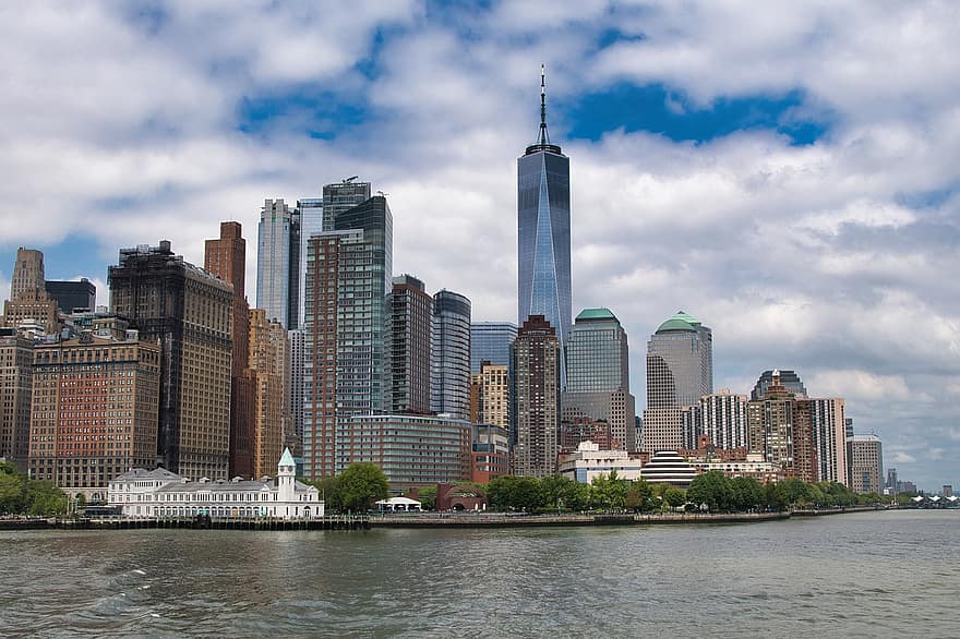 Manhattan, stad, rivier-, horizon, architectuur, waterkant, rivierfront, Verenigde Staten van Amerika, nyc, gebouwen, wolkenkrabber