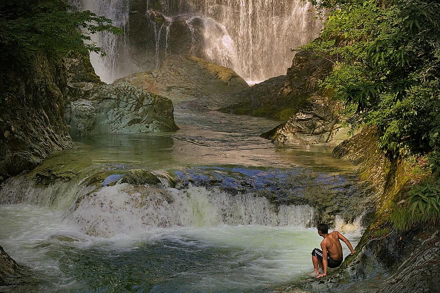 Man, Swim, River, Flow, Waterfall, Falls, Nature