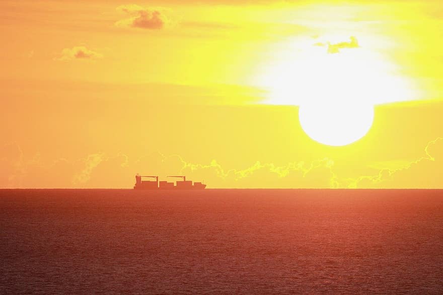 svítání, oceán, nákladní loď, západ slunce, slunce, soumrak, slunečního světla, přeprava, Lodní doprava, průmysl, voda