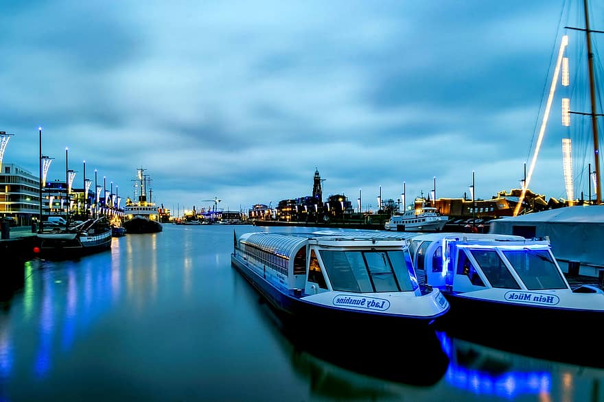 Barche, fiume, notte, città, barche fluviali, porto, luci, illuminato, lungomare, urbano, Bremerhaven