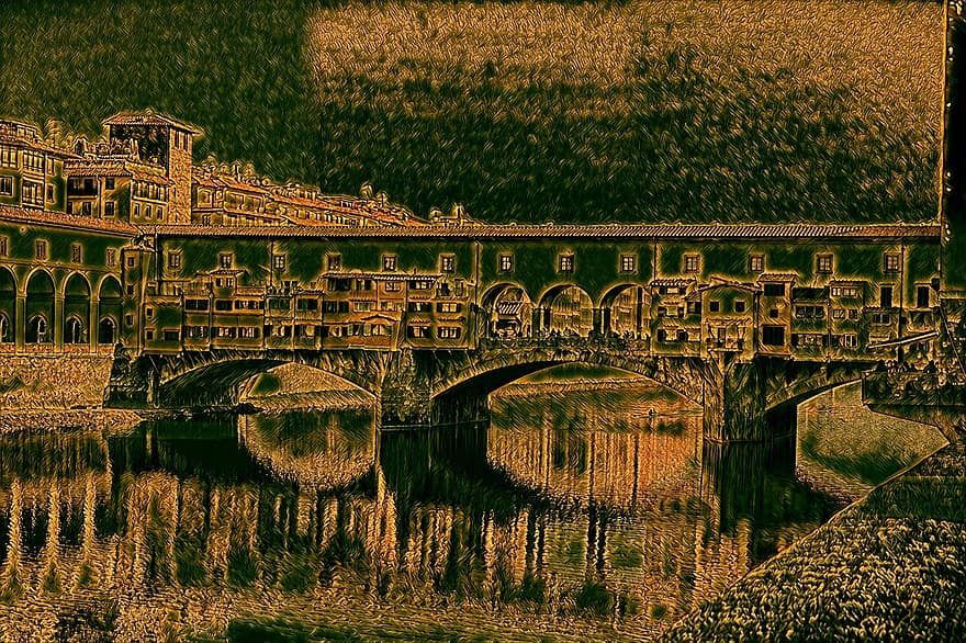 Florence, Toscane, brug, rivier-, landschap, architectuur, Bekende plek, geschiedenis, oud, boog, water