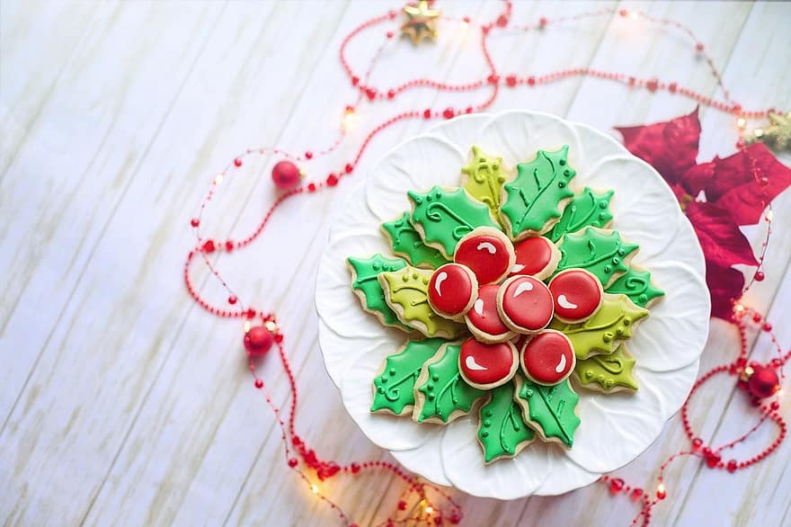 kerstkoekjes, Royal Icing Cookies, versierde koekjes, Kerstmis behandelt, snoepgoed, gebakken goederen, plat leggen, decoratie, voedsel, toetje, viering