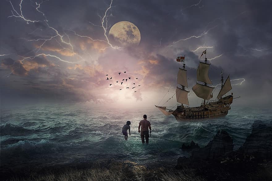 manipulacja, statek, burza z piorunami, mgła, zamglenie, Natura, Wędkarstwo, mężczyzna, chłopak