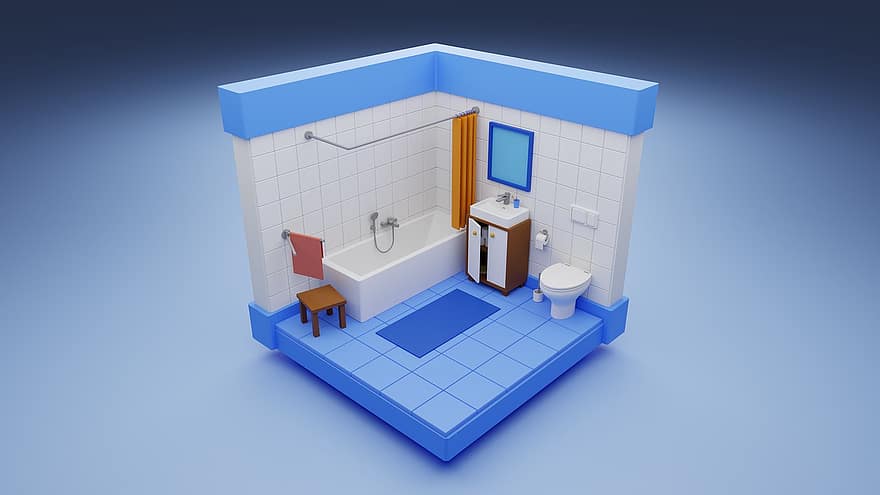 baderom, toalett, interiørdesign, 3d render, hjemlige rom, innendørs, arkitektur, design, illustrasjon, blå, moderne