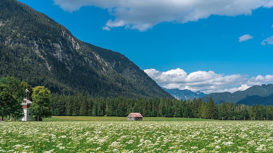 Landscape, Mountains, Sky, Clouds, Meadow, Chapel, Summer, Nature, Scenic, Bavaria