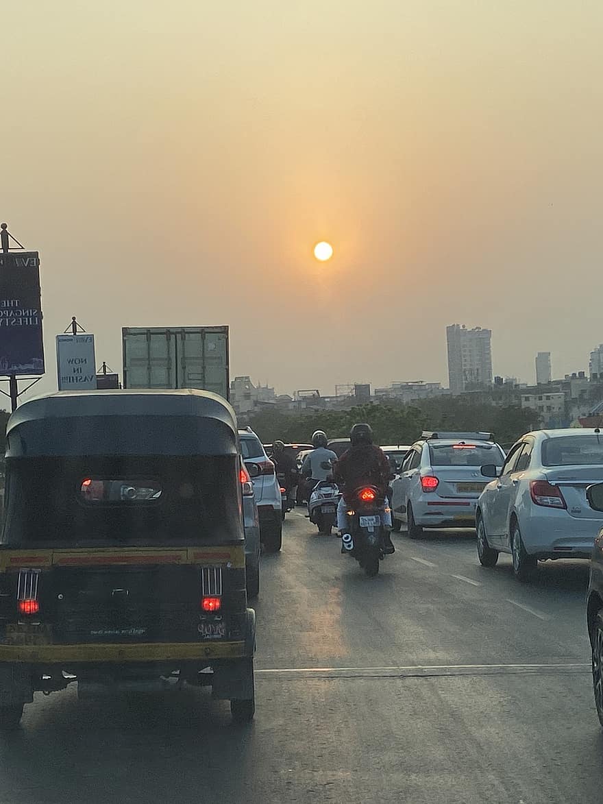 ruch drogowy, Droga, zachód słońca, Miasto, Indie, navi Mumbai