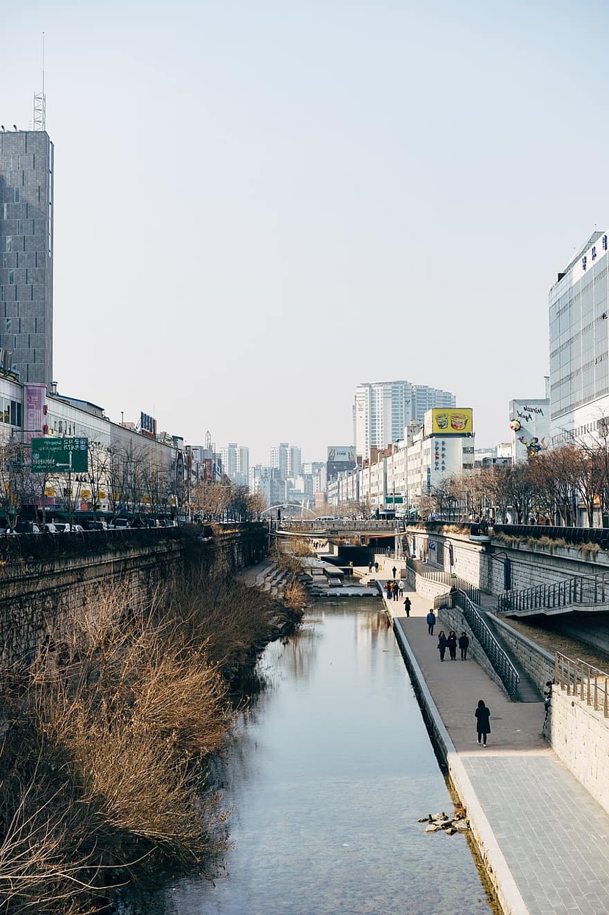 ville, paysage urbain, ruisseau, rivière, aller se promener, tomber, eau, Asie, Voyage, destination, Corée du Sud