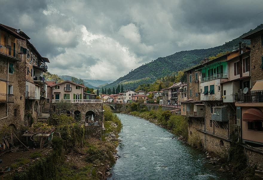 joki, kylä, Italia, vanha kaupunki, pilvinen