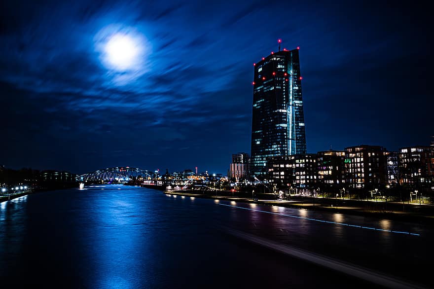 mėnulis, pastatai, naktis, šviesos, miestas, miesto, architektūra, frankfurtas, Vokietija, vakare, panorama