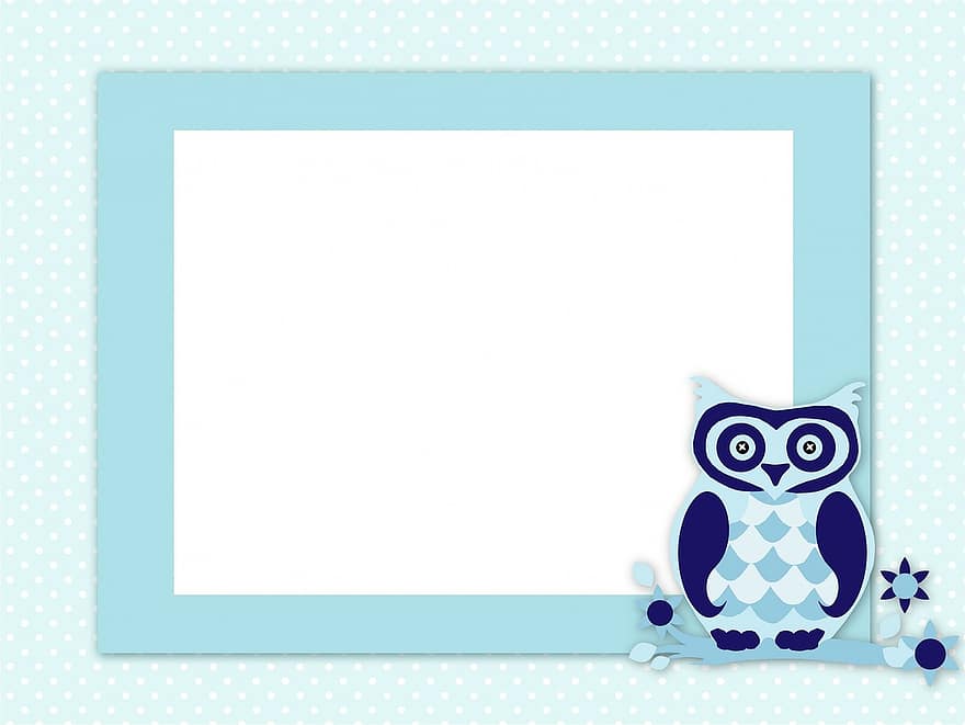 Owl, Invitation, Card, Frame, Blue, Baby Shower, Cute, Art, Polka Dots