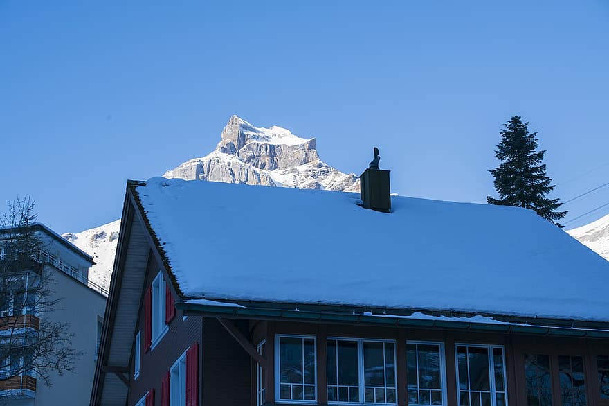 Šveicarija, engelberg, žiemą, sniegas, kalnas, stogas, ledas, mėlyna, architektūra, pastato išorė, šalčio