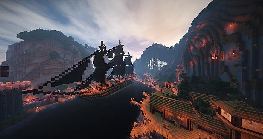 Minecraft, Landscape, Water, Mountain, Nature, Blue, Sky, Video Games, Games, Shader, Boat
