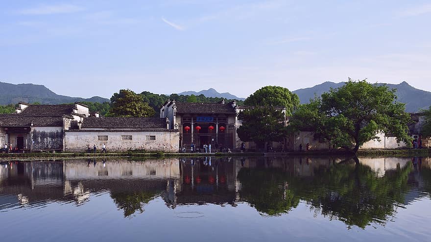 pueblo de Hongcun, edificios, lago, huizhou, reflexión, agua, pueblo, edificios viejos, pueblo Viejo, antiguo, anhui
