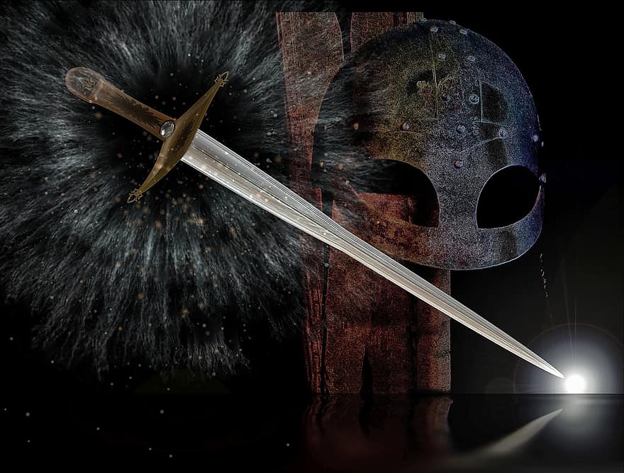 excalibur, riddare, medeltiden, bekämpa, svärd, vapen, skydd, roder, ansiktsskydd, riddare spel