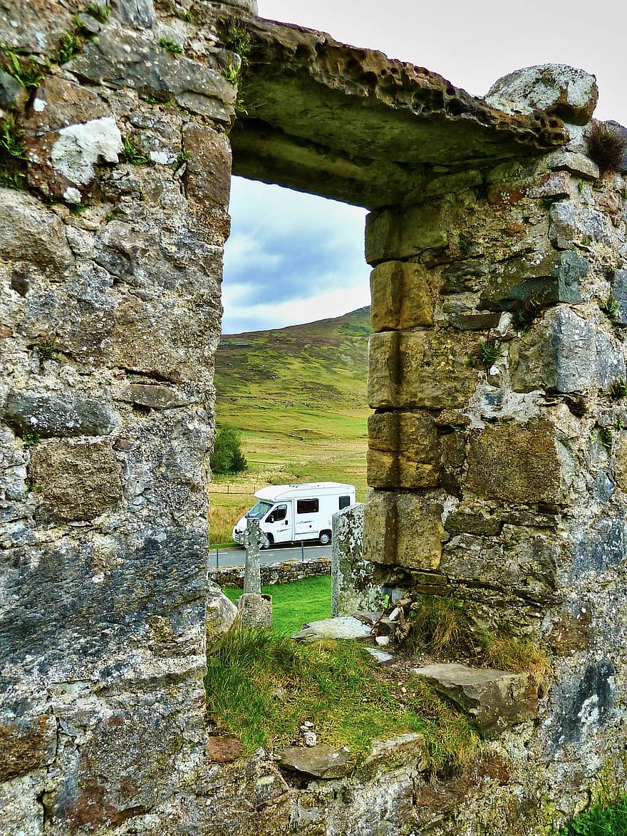 Motorhome, Camping, Ruin, Wilderness, Stone, Remnant