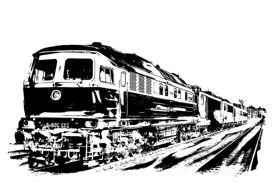 locomotiva diesel, monocromatico, ferrovia, trasporto, traffico ferroviario, treno, veicoli