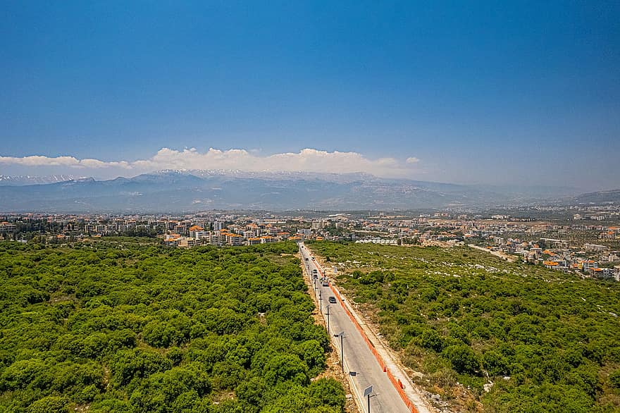 la carretera, autopista, ciudad, urbano, vista aérea, Líbano, paisaje, horizonte, naturaleza, arboles, bosque
