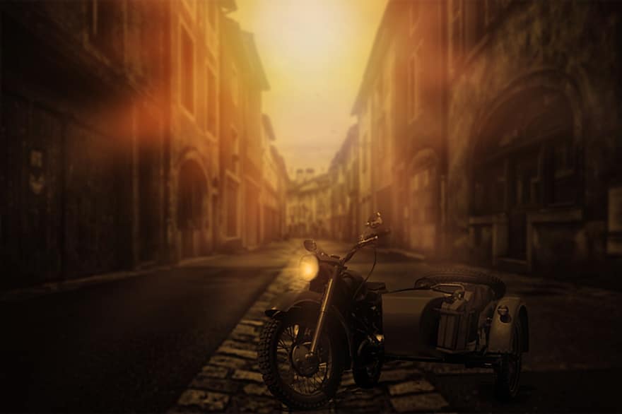 motociklas, dviračiu, retro, gatvė, architektūra, susiliejimas, transportavimas, saulėlydis, senas, naktis, miesto gyvenimas